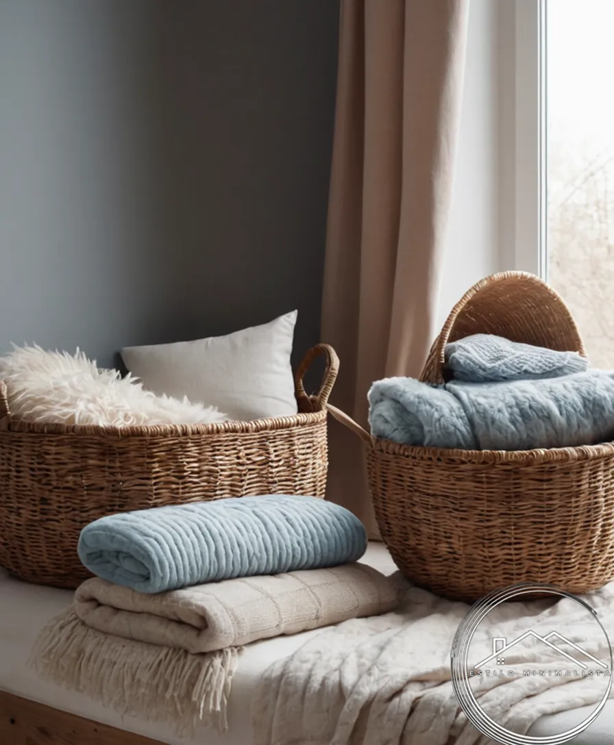 3 minimalist baskets filled with fluffy throw blankets and pillows.