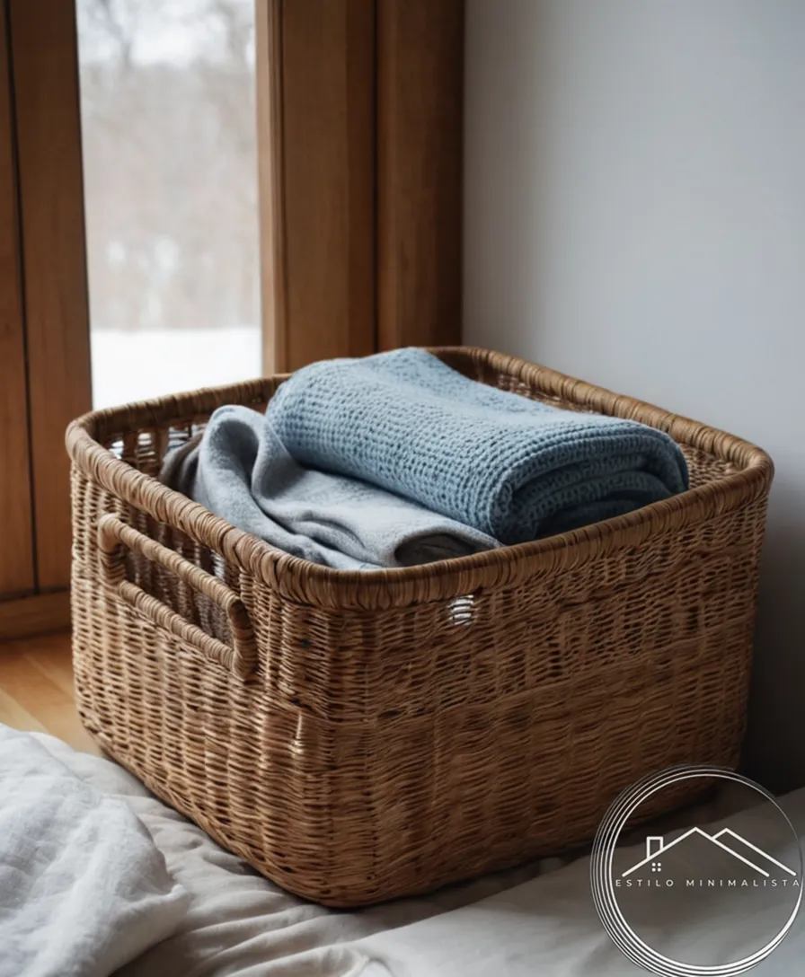 A minimalist storage basket holding a few folded blankets.