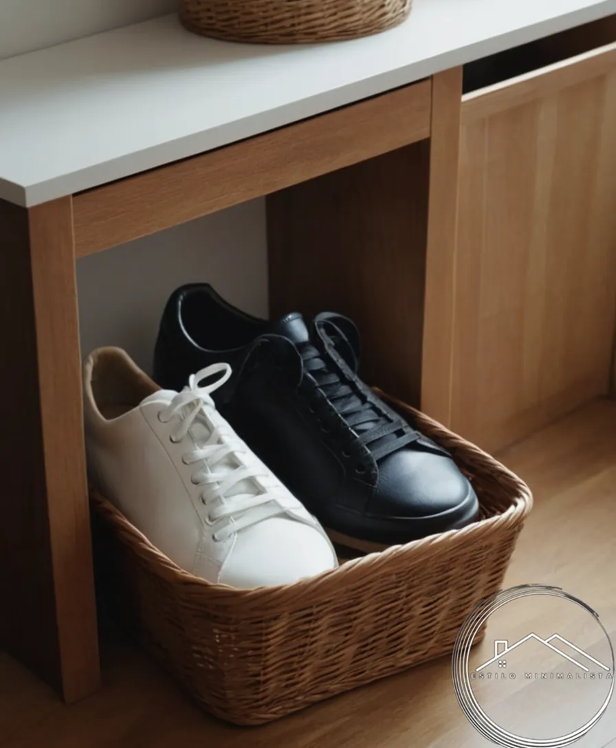 A minimalist shoe basket transforming a cluttered closet.