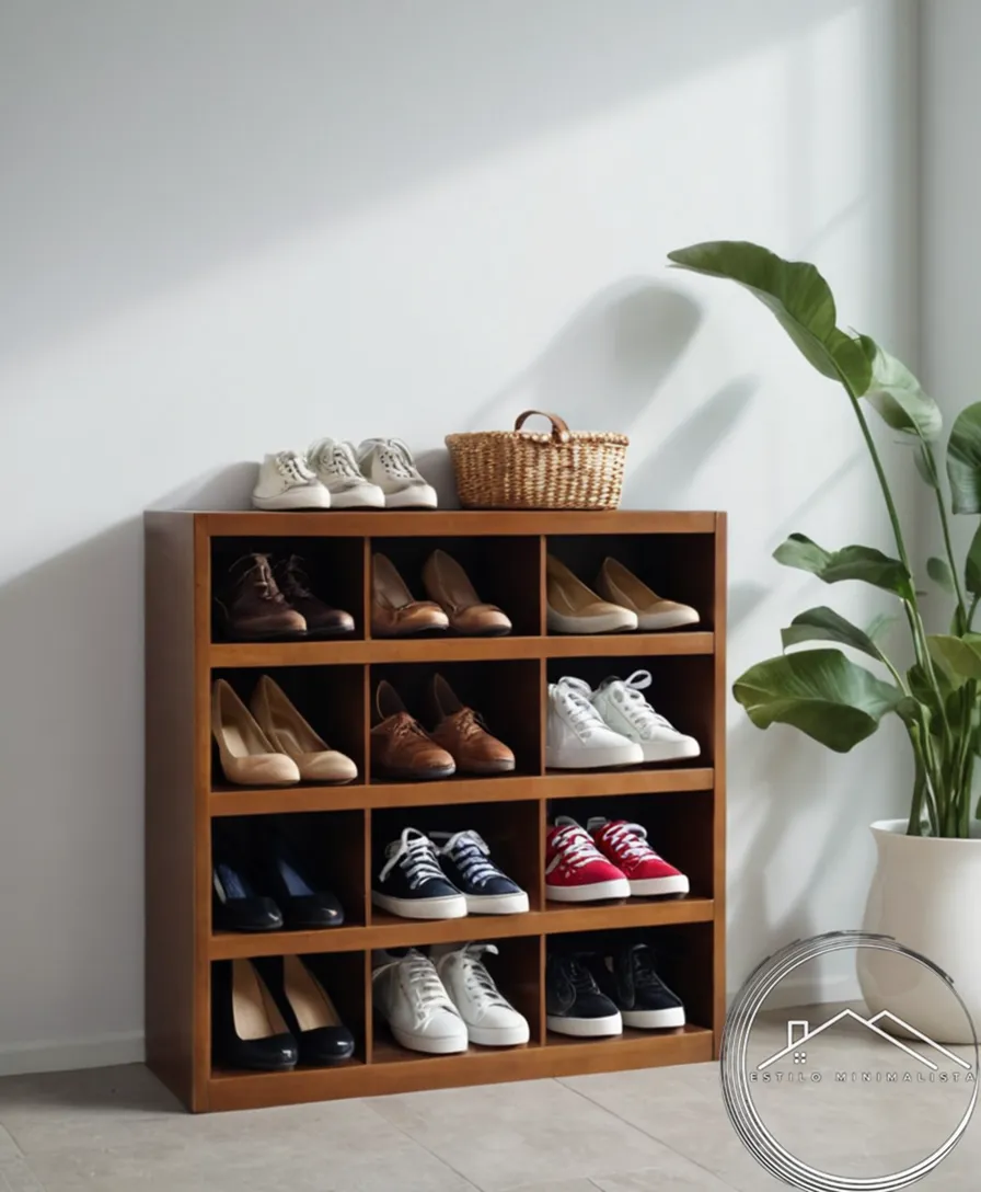 A minimalist shoe storage basket arrangement.