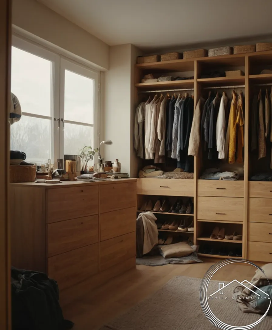 cluttered, messy closet space and a calm background.