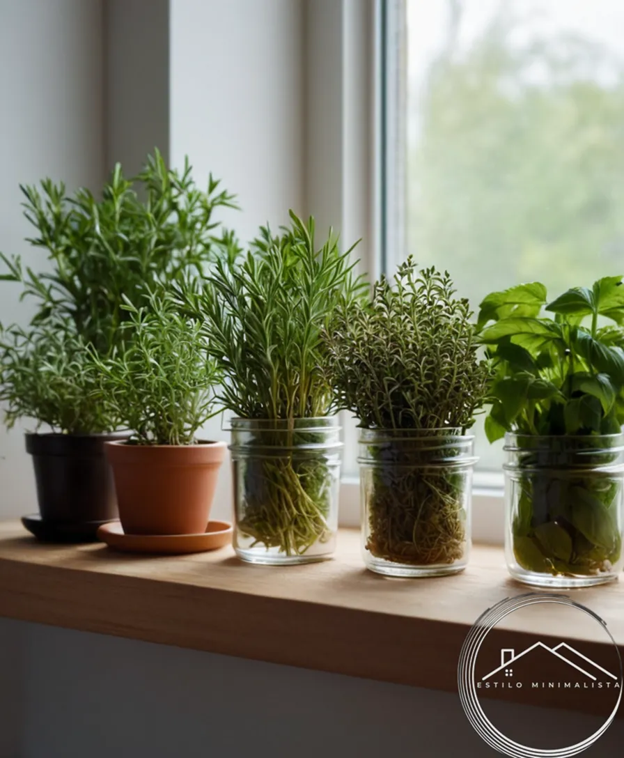 Herbs harvested on a minimalist kitchen windowsill or table.
