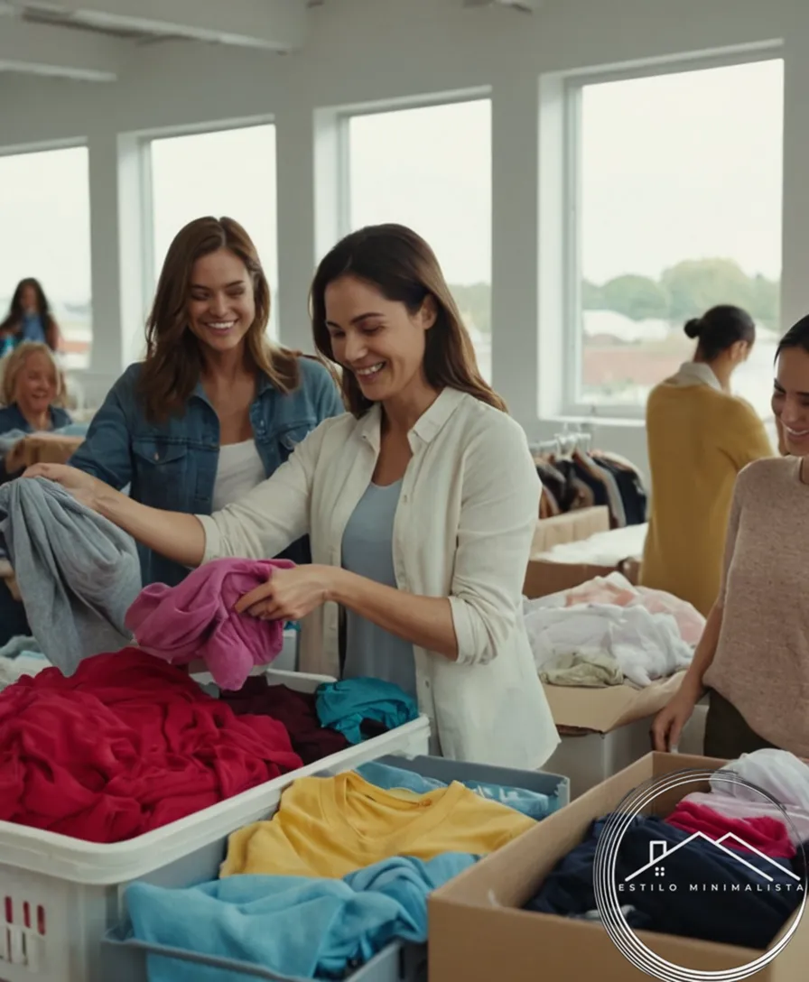 Women smiling while sorting and holding donated clothing items.