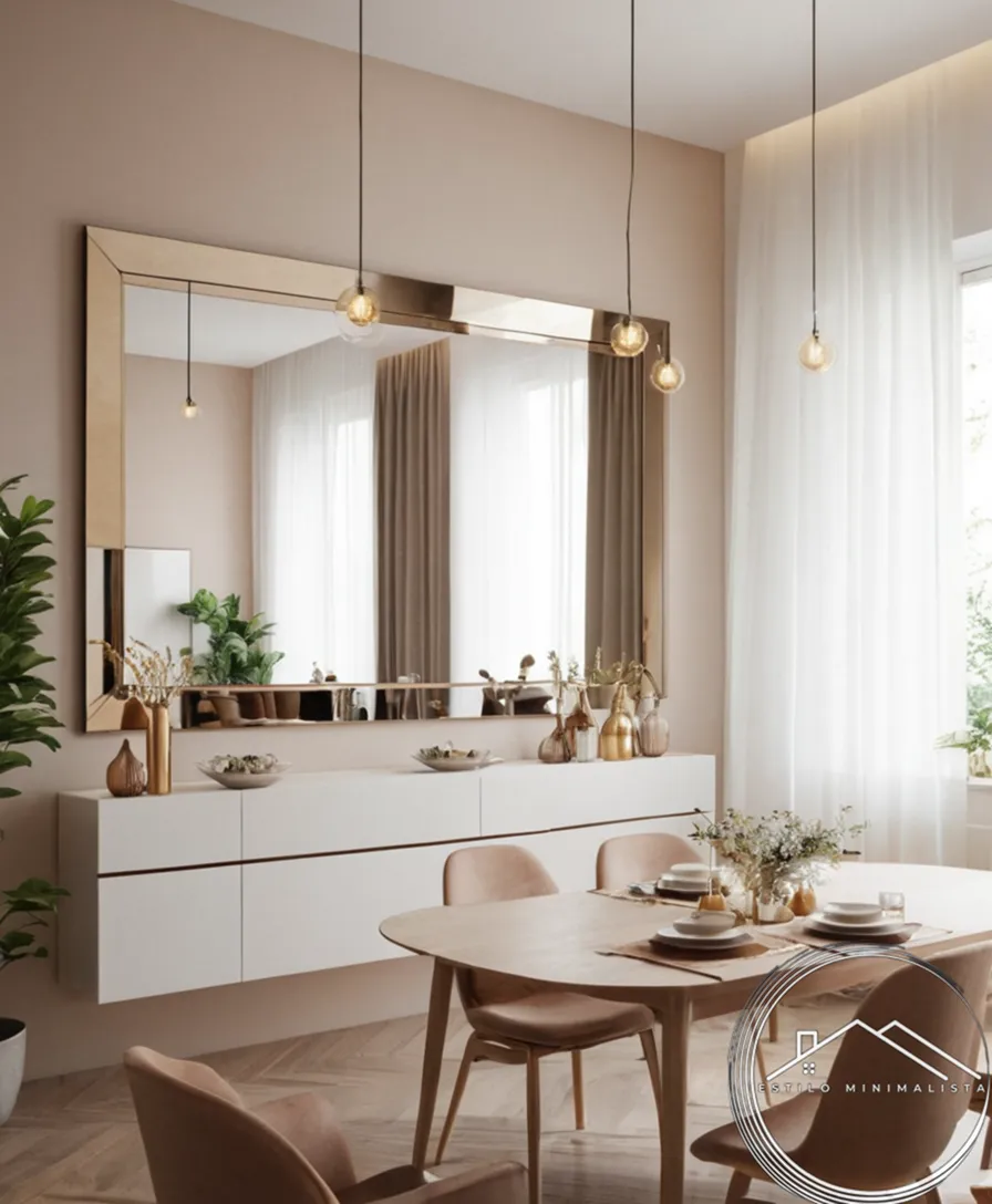 A minimalist dining space with decorative mirrors installed creatively.