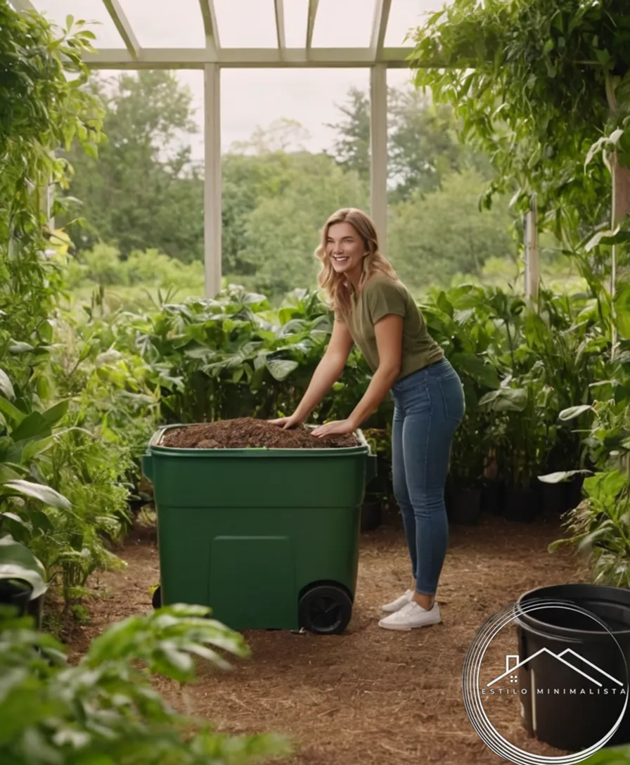 A happy person surrounded by lush greens near a compost bin.