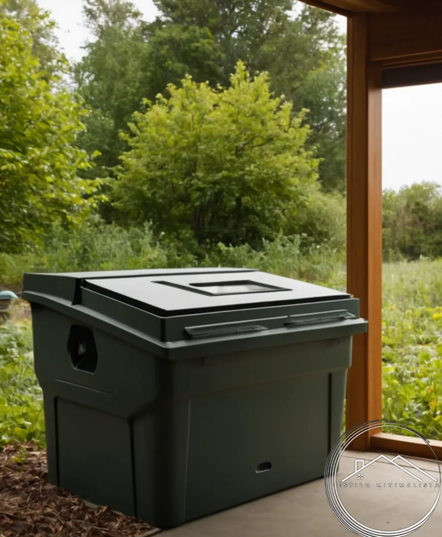 A family composting bin or small organic recycling system outdoors.