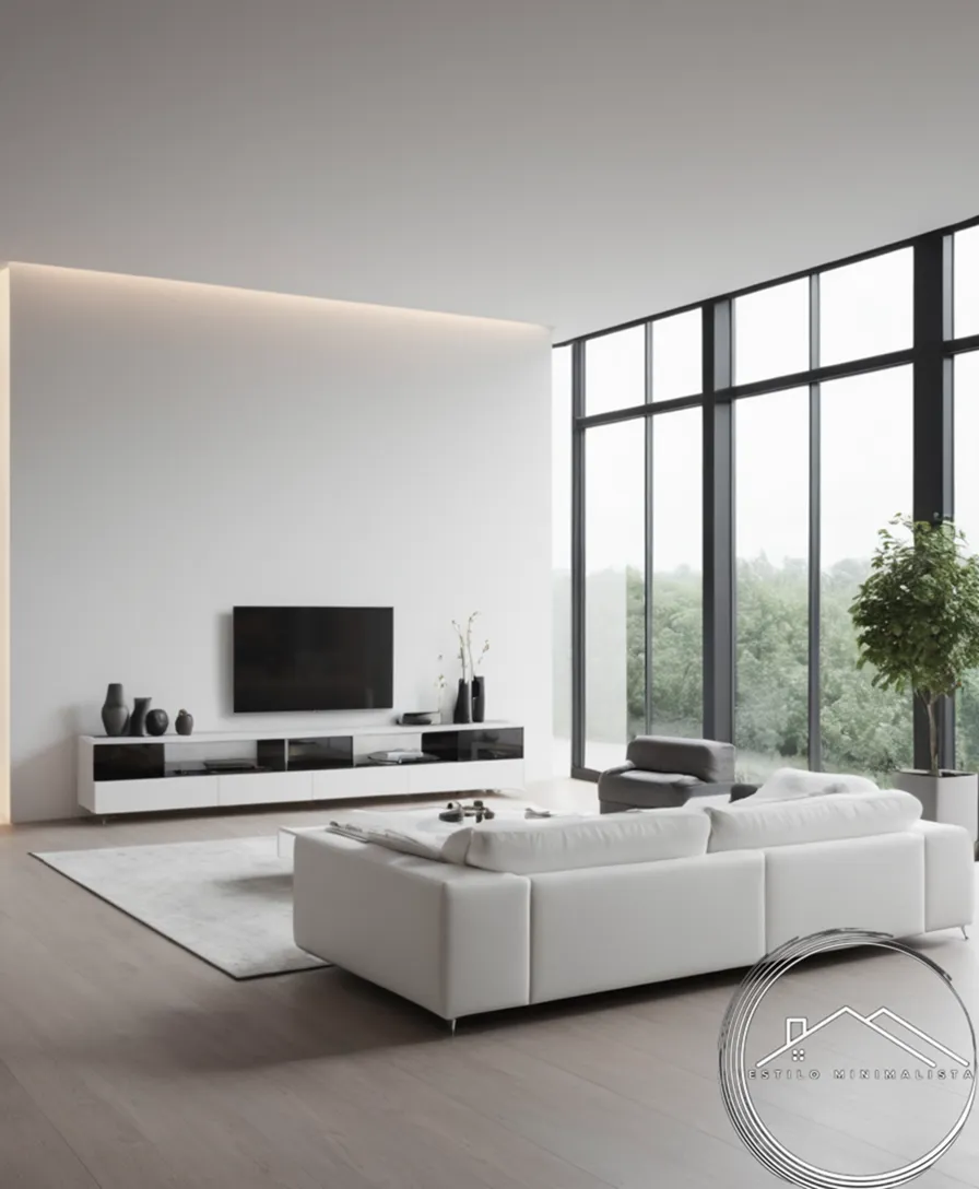 A minimalist white or black-themed interior with sleek furniture.