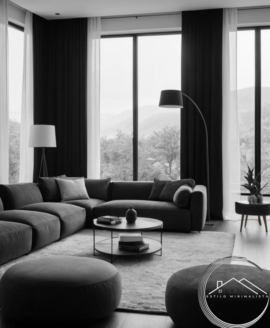 A minimalist black and white living room furniture arrangement.