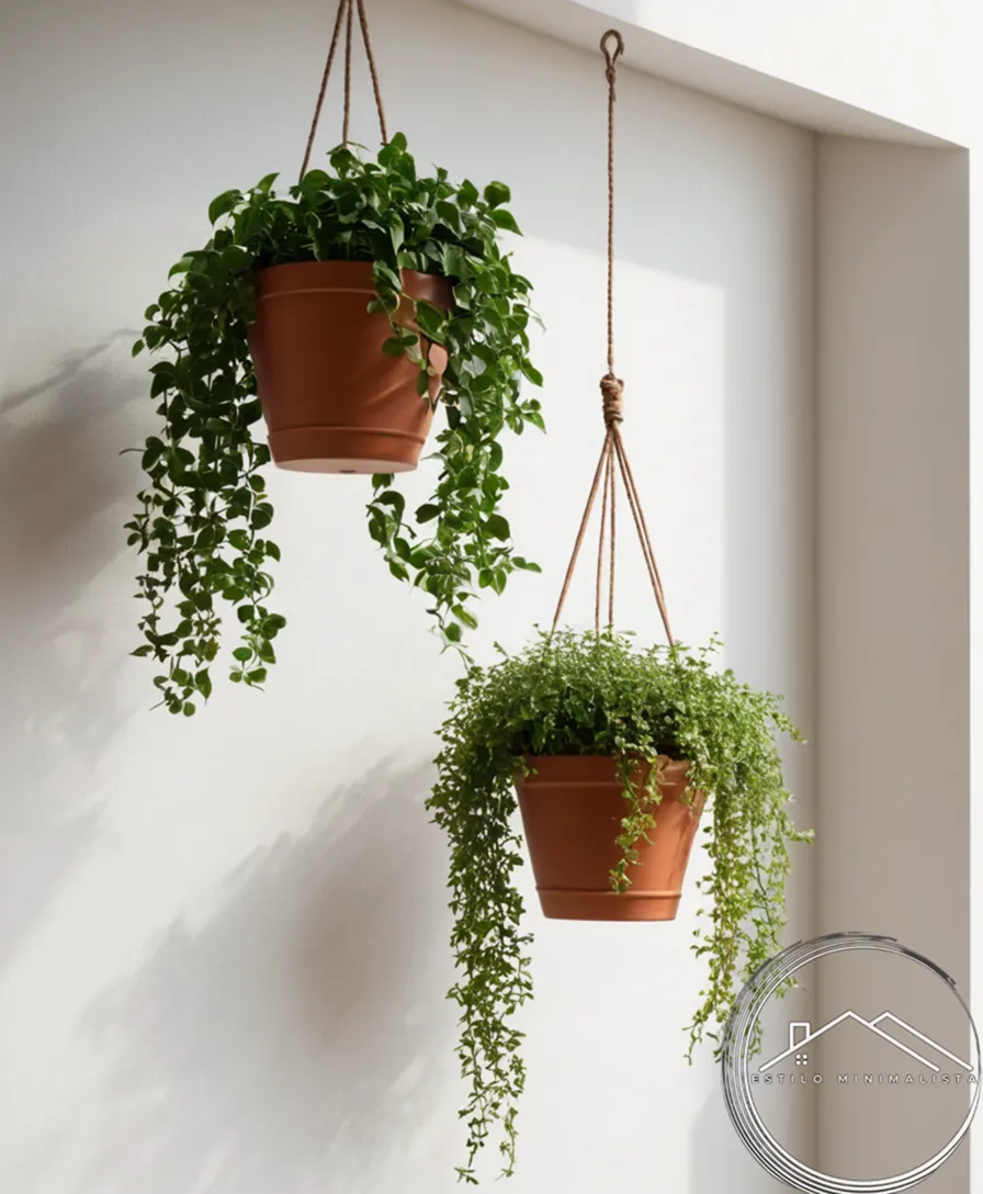 3 minimalist hanging planters with healthy climbing plants.