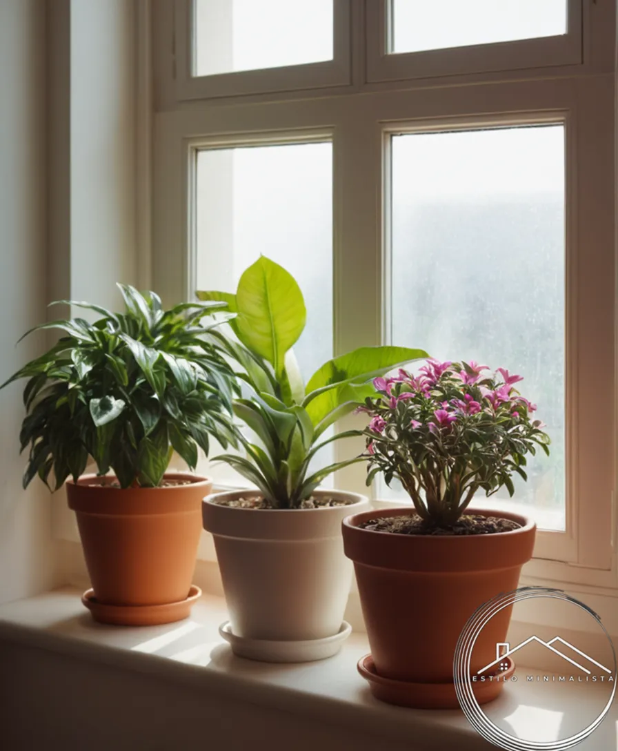 3-4 vibrant, potted plants placed indoors near a window with bright light.