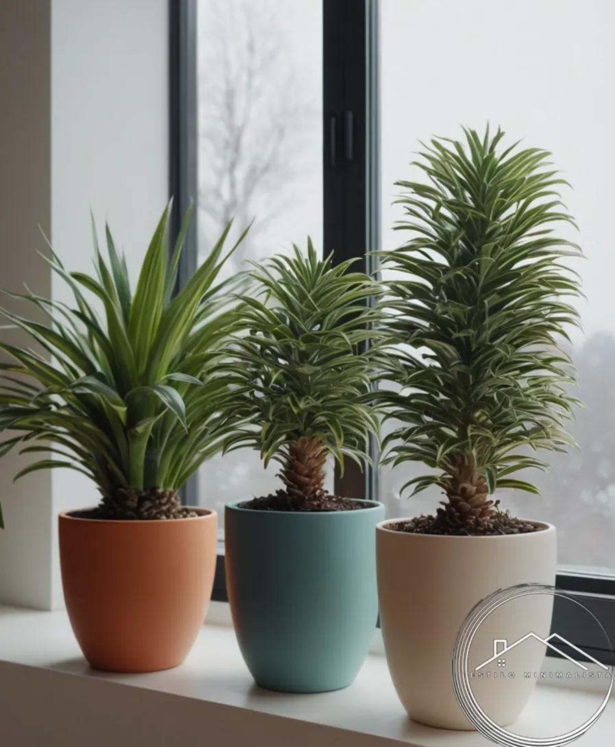 3 happy potted plants in minimalist winter decor.