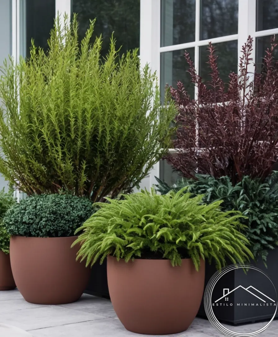 happy plants in decorative winter planters on a minimalist outdoor setting.