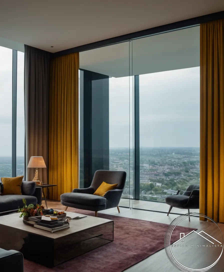 A stylish glass wall interior with bespoke curtains installed.