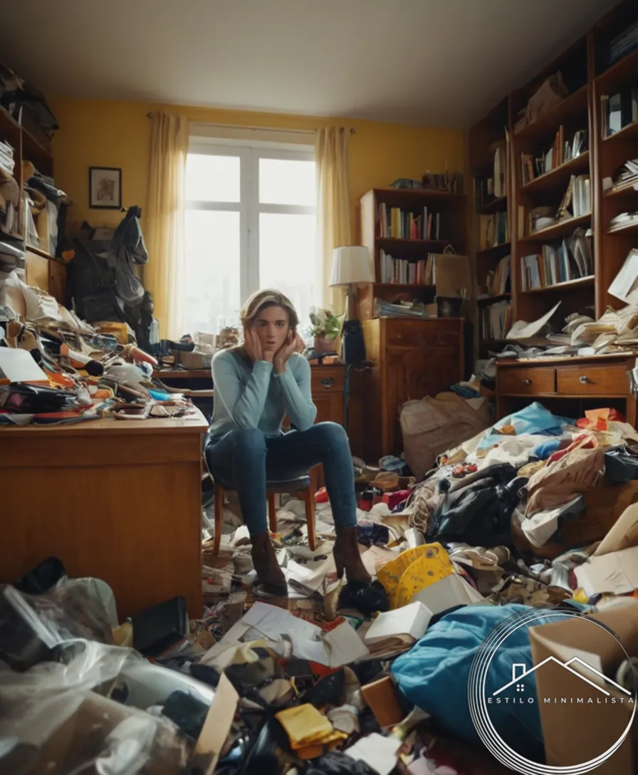 A person surrounded by clutter, looking anxious and overwhelmed.