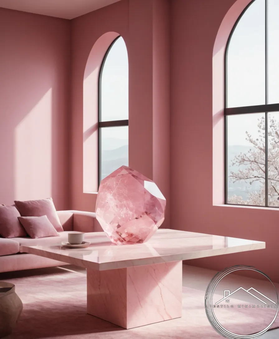 A minimalist setting with pink quartz as centerpiece.