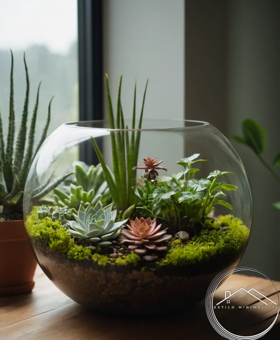 3-4 elegant, modern plants in simple terrariums outdoors.