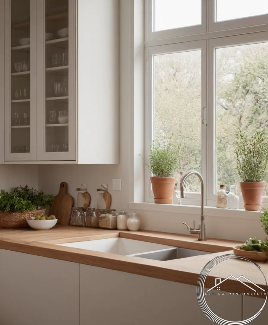 A serene kitchen with minimalist decor and natural scents elements.