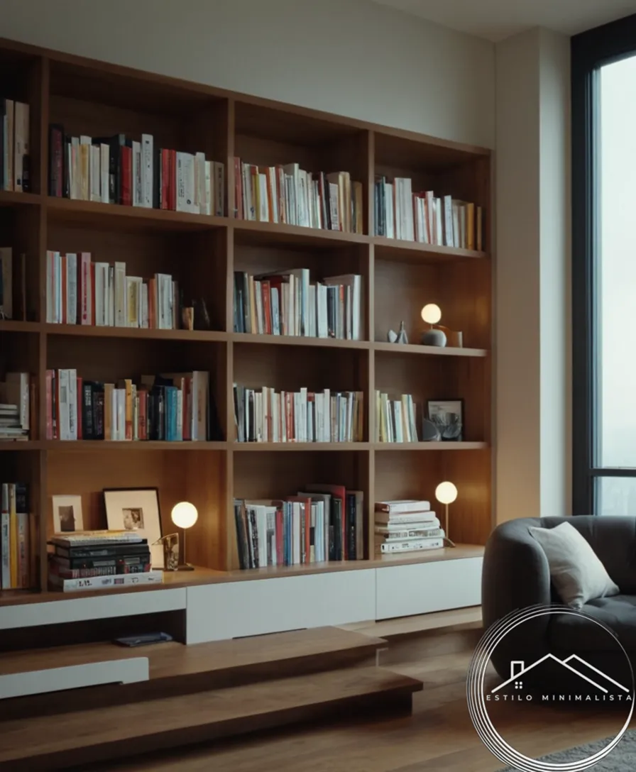 A modern apartment with beautifully organized bookshelves and cajones overflowing books.