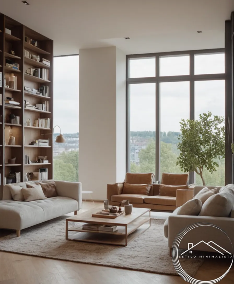 A modern apartment interior with built-in bookcase storage.