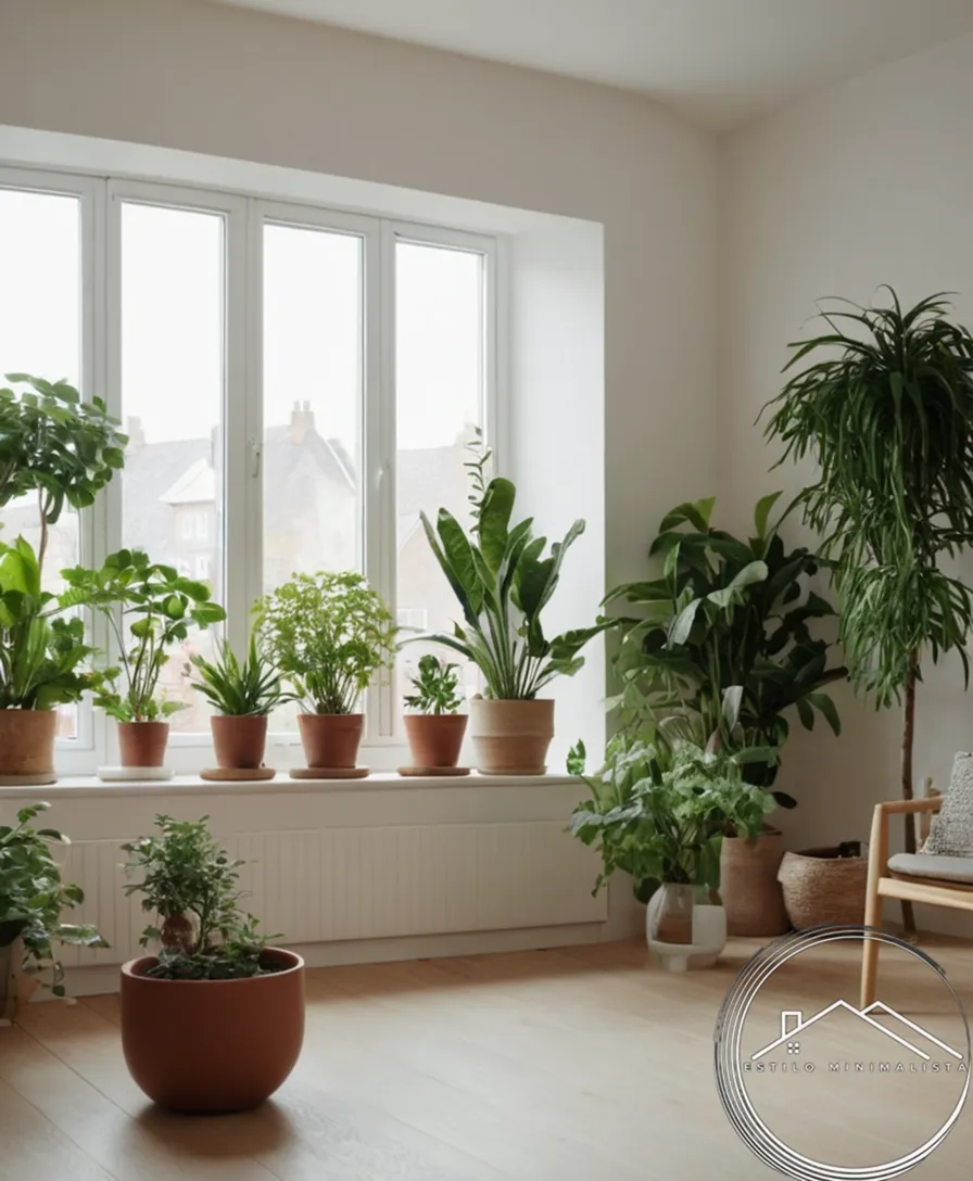 A serene, minimalist Scandinavian room filled with plants.