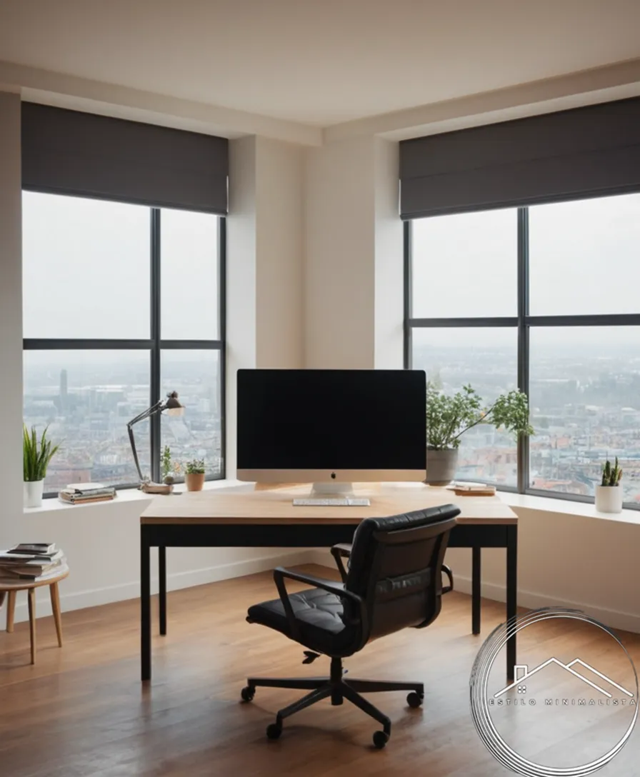Cluttered workspace with minimalist furniture and a calm background.