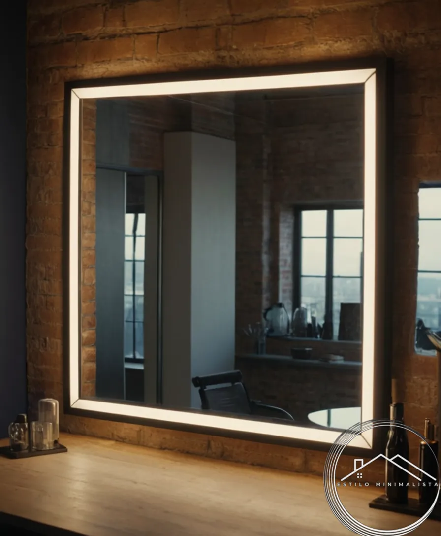 An industrial mirror setup illuminated in a modern urban home.