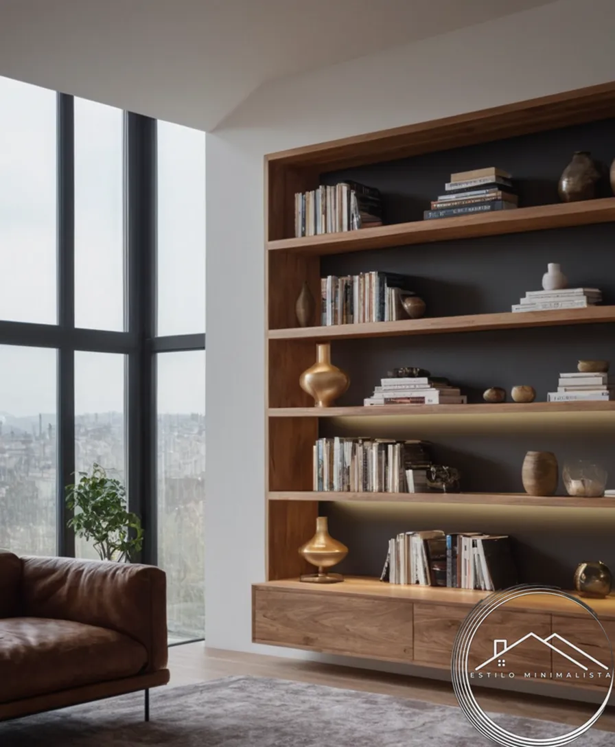 A minimal, vertically-stacked bookshelf in a stylish living space.