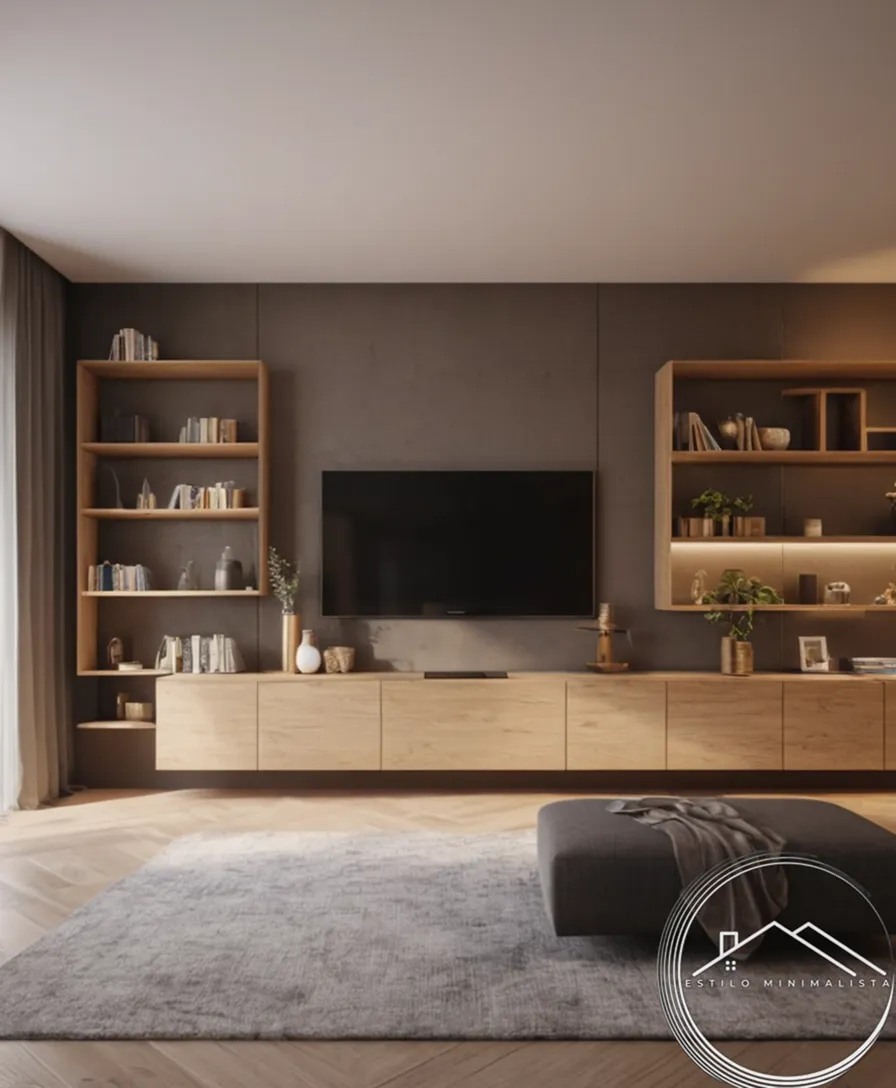 A quiet, minimalist living room with vertical shelves.