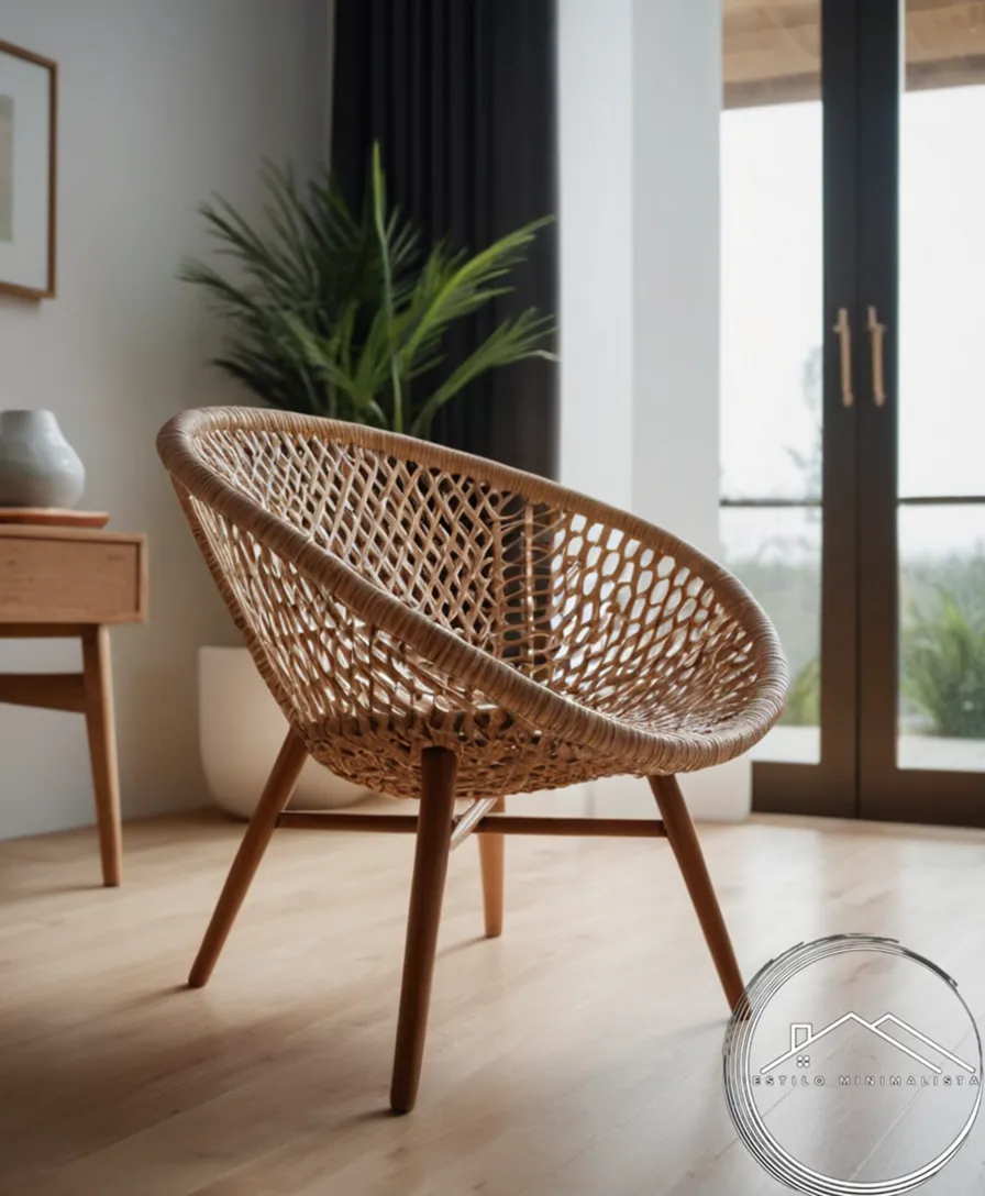 A minimalist woven wicker chair in a modern home setting.