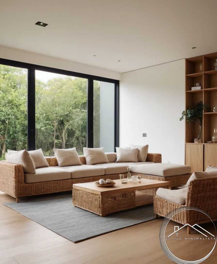 A minimalist wicker-style living room interior.
