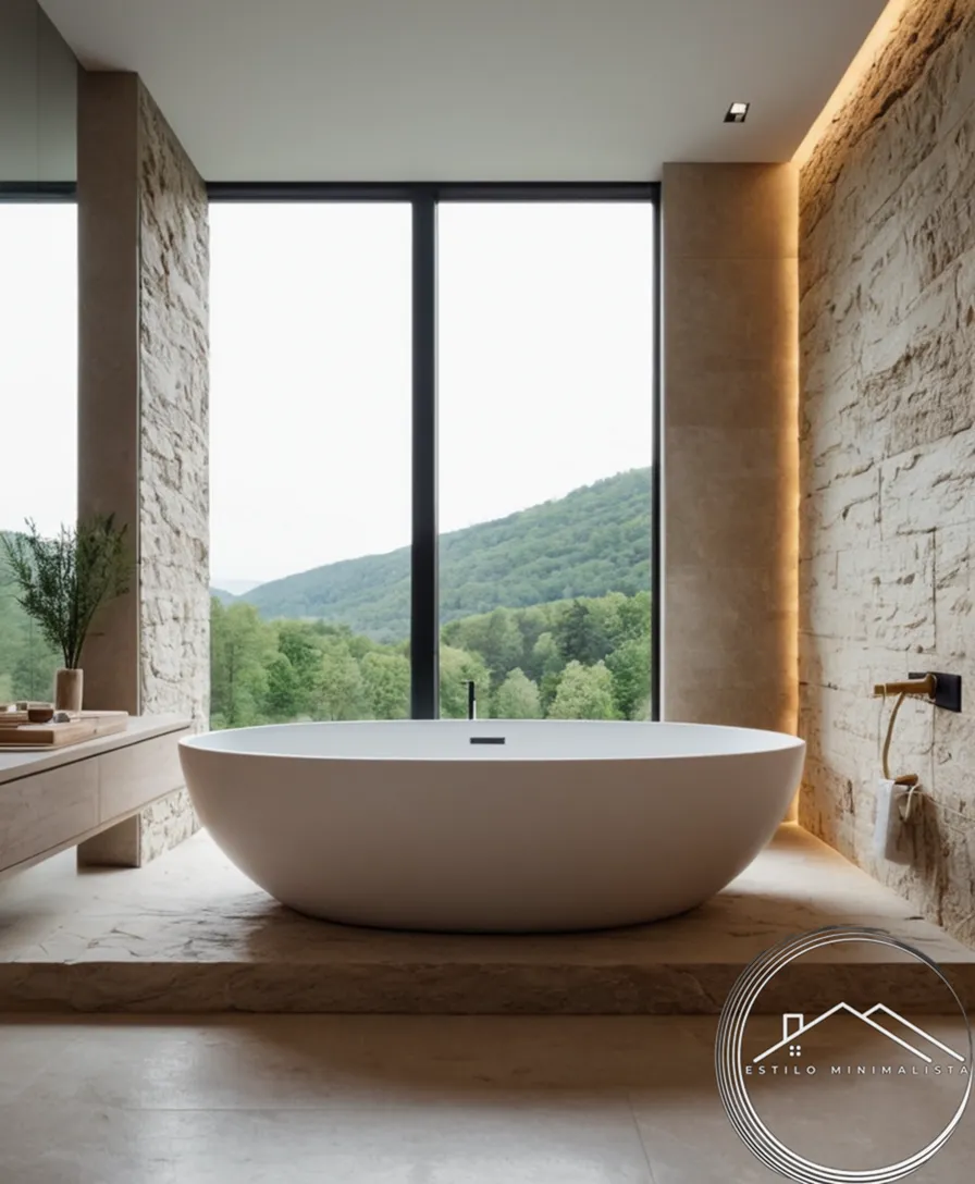 A beautifully designed minimalist bathroom with natural stone features.