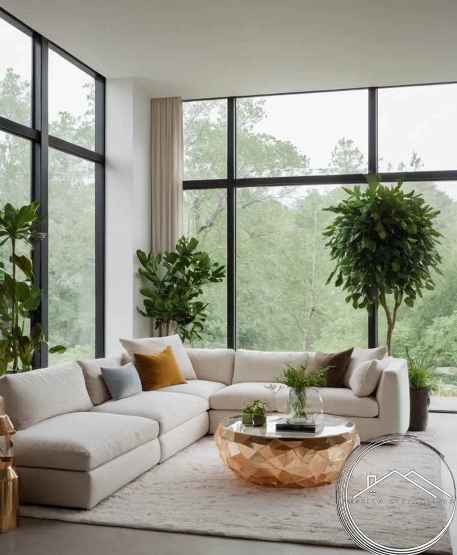 A minimalist, plant-filled living space with crystal accents subtly integrated.