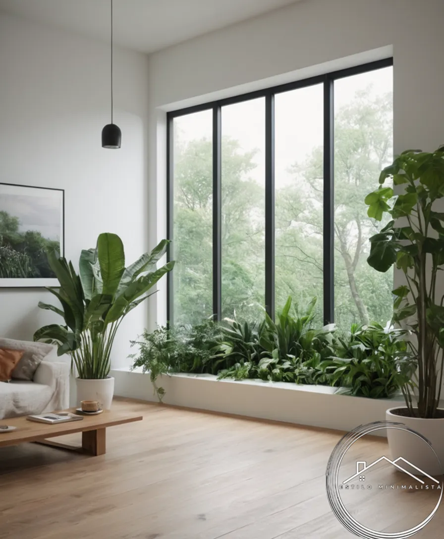 Beautifully styled minimalist rooms with lush greenery and plants.