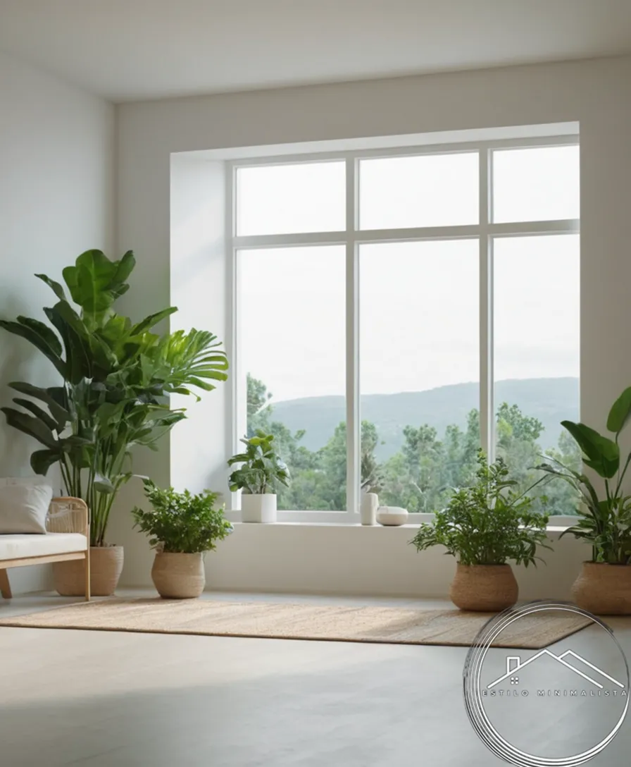 A serene minimalist room decorated with green plants and calm colors.