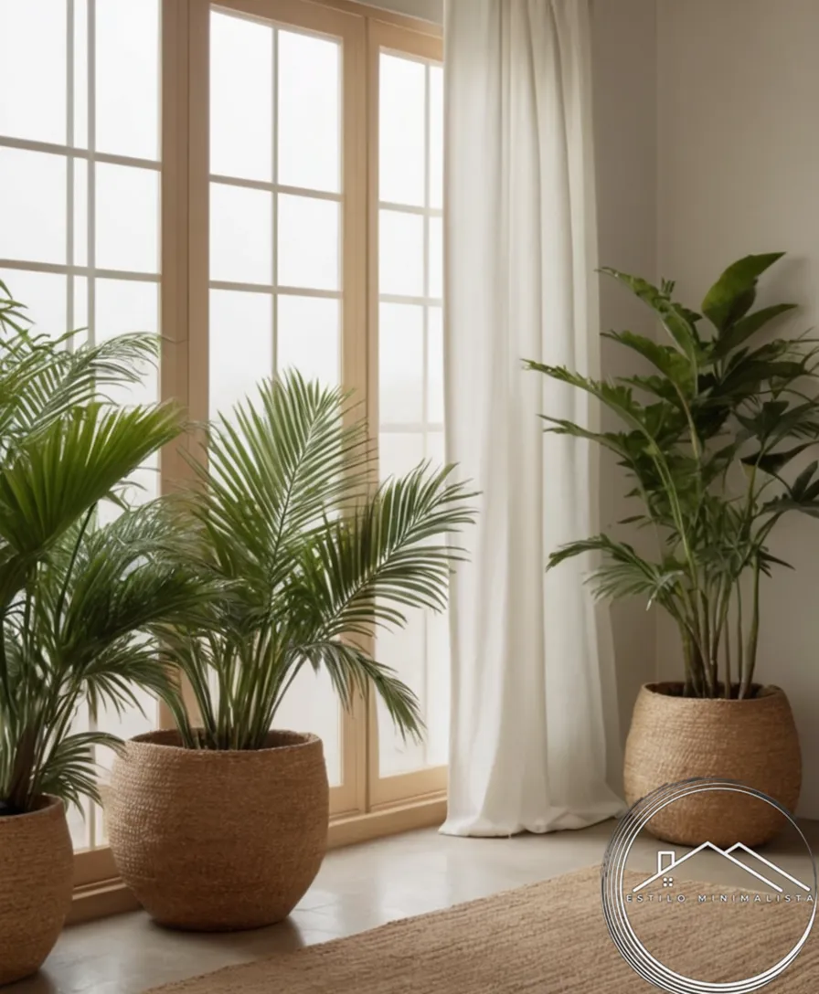 A serene, natural-toned room with minimalist decor and large-leaf plants.