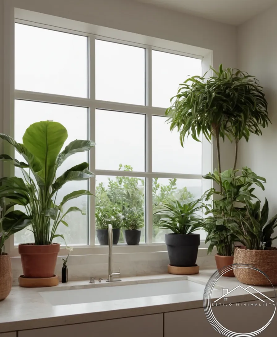 A serene living space with plants and minimalist decor.