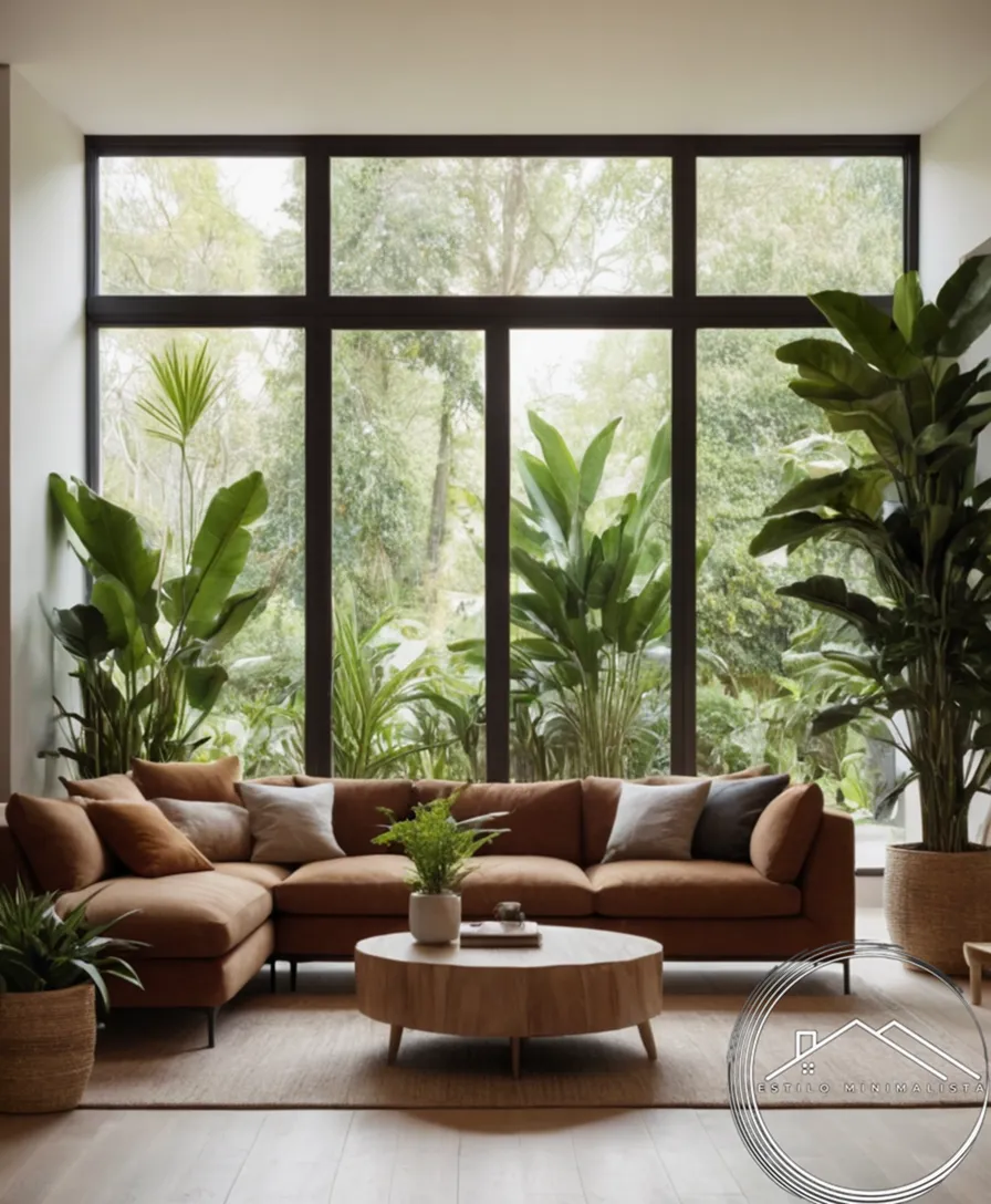 A serene living room with plants and simple decor.