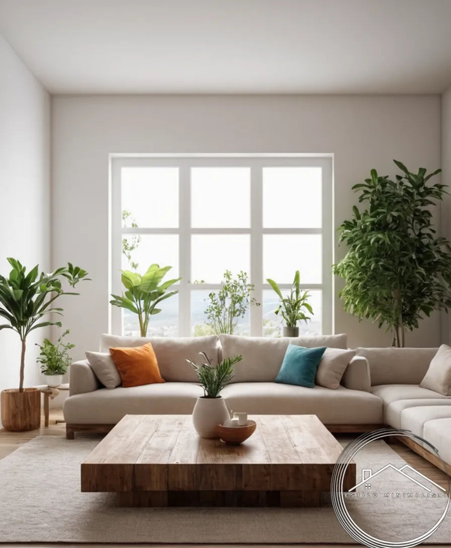 A minimalist living room with plants and wood decor.