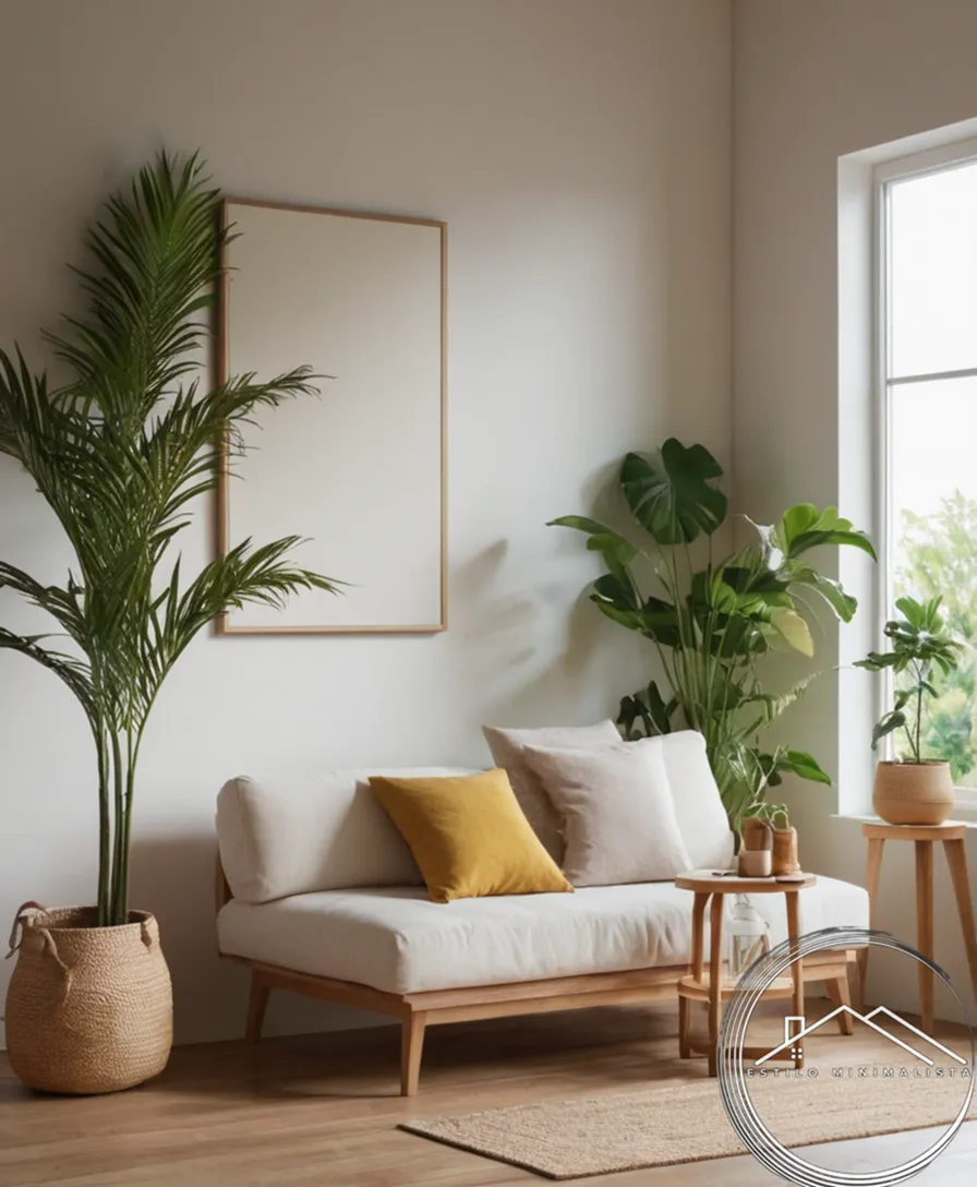 A minimalist room with plants, wood accents, and soothing natural ambiance.
