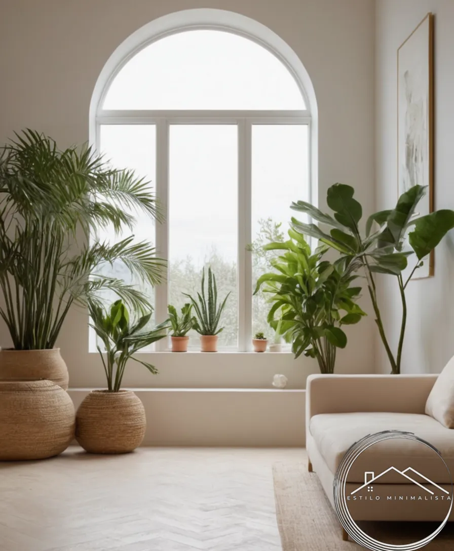 A serene room with plants, neutral tones, and minimalist decor.