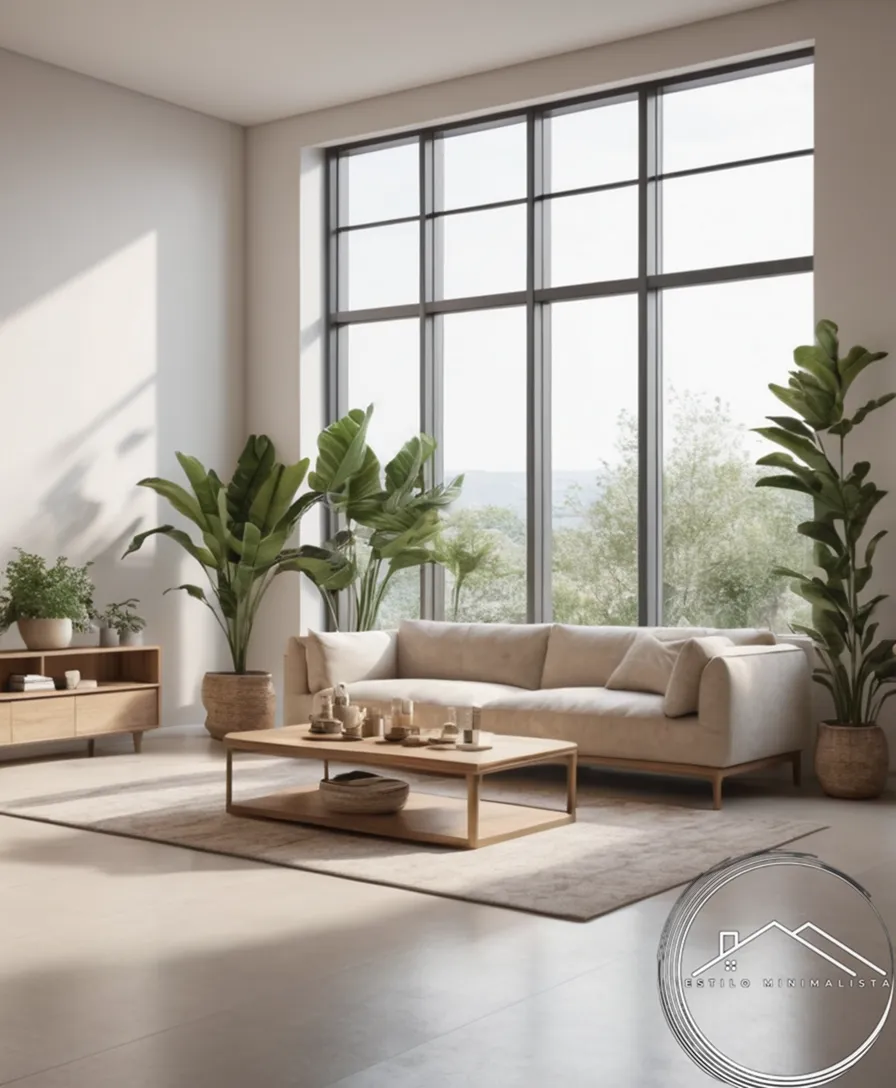 A minimalist living room with plants and neutral tones.