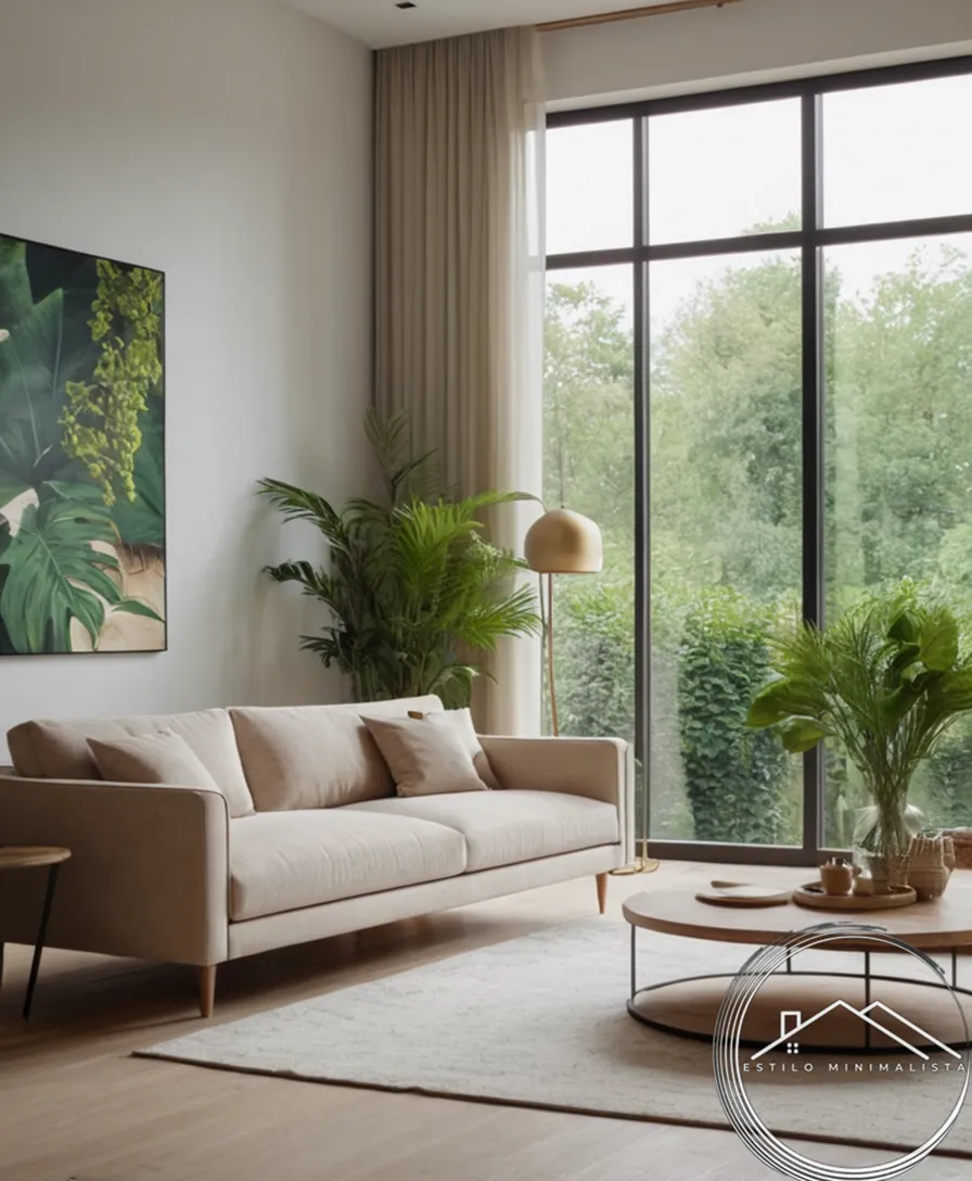 A serene living room with minimalist decor and lush greenery.