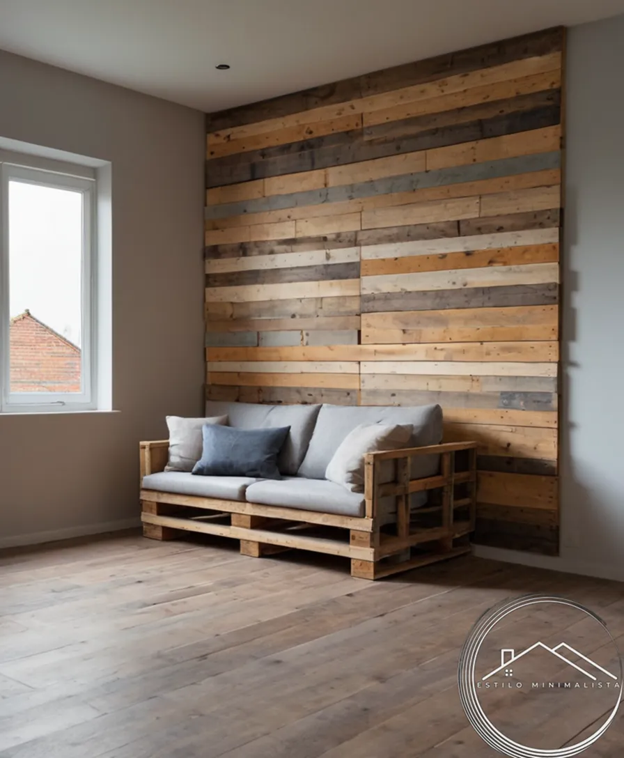 Upcycled pallets transformed into minimalist decorative elements in a living space.
