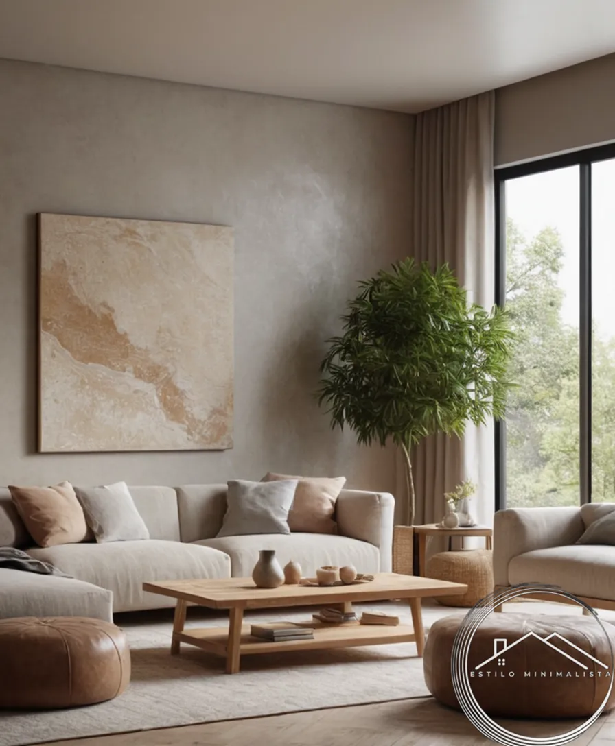 A serene living room with natural textures and minimal decor.
