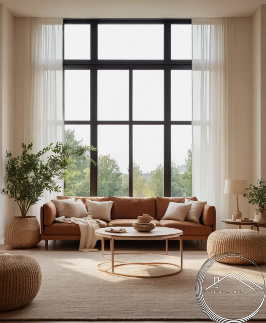 A warm, minimalist living room with natural textiles dominating.