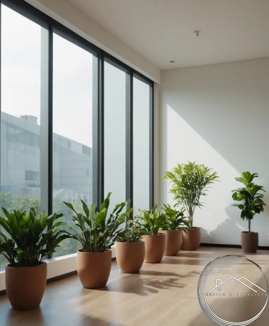 A minimalist office space with potted plants and natural light.
