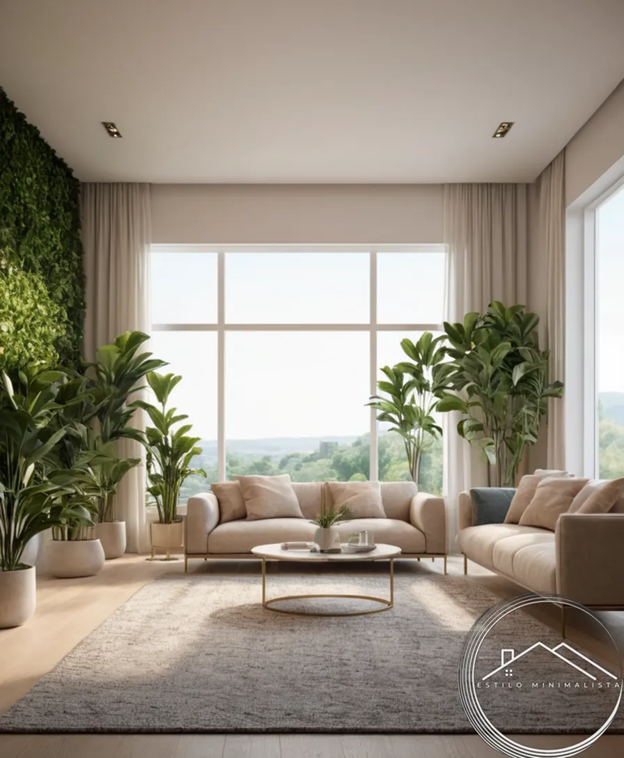 A minimalist living room with artificial plants for a sleek atmosphere.