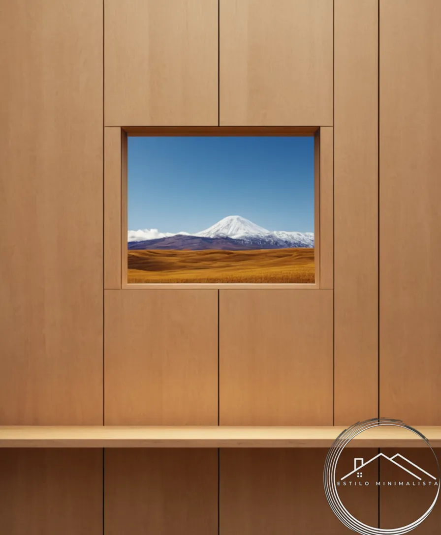 A minimalist artwork on a light wood panel background.