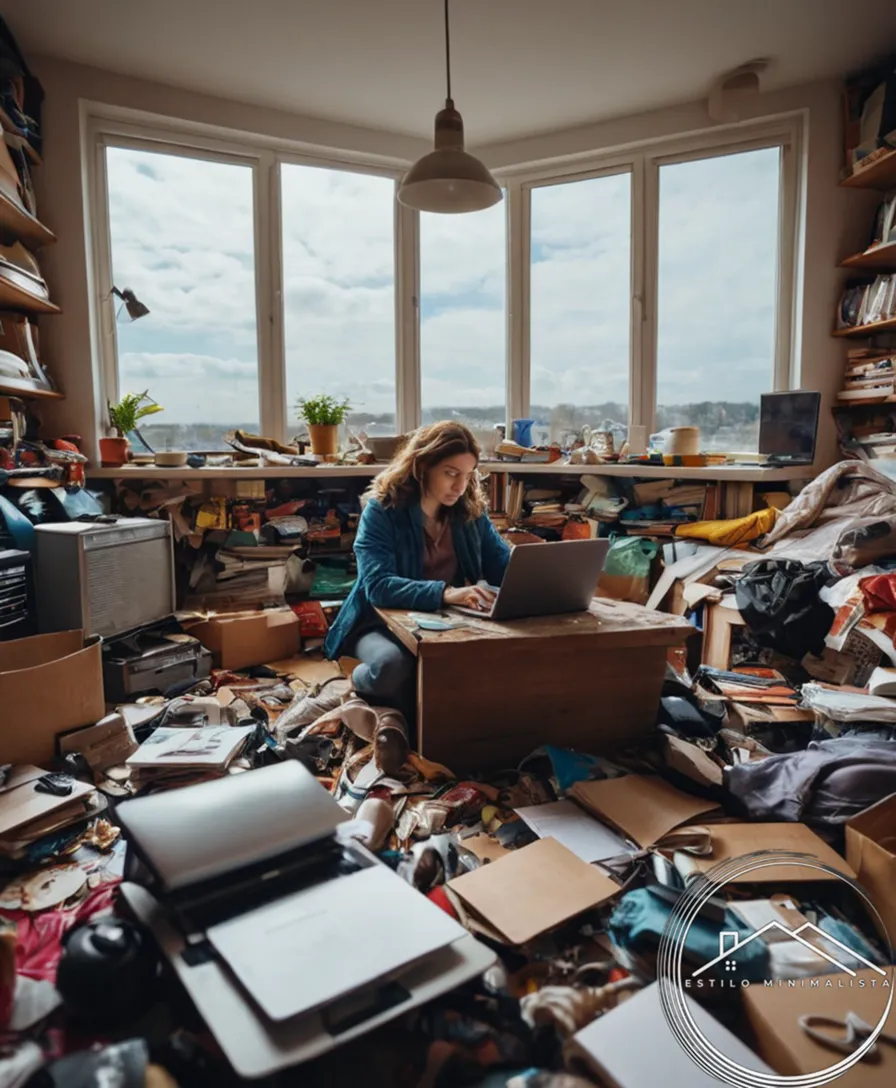 A person surrounded by clutter, with a laptop computer nearby.