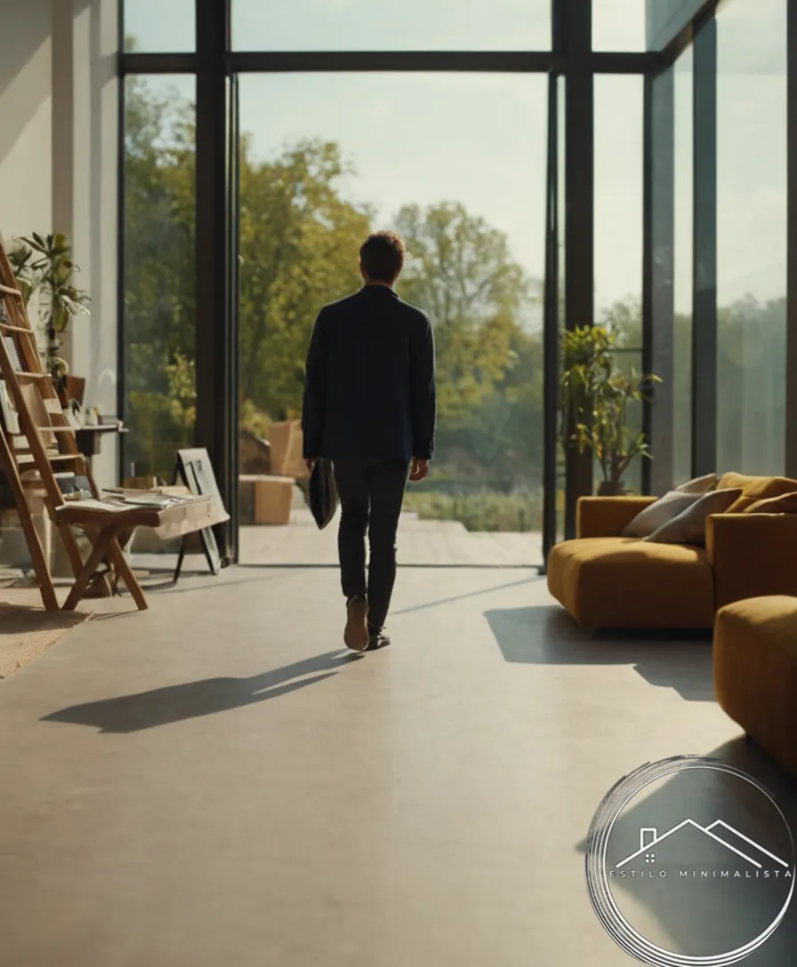 A minimalist person walking away from cluttered surroundings, looking free.